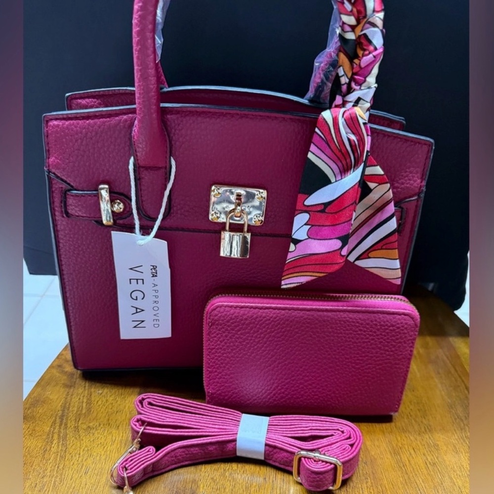 NWT 4PC Vegan Leather Magenta Handbag Set with Crossbody Strap, Wallet & Twilly